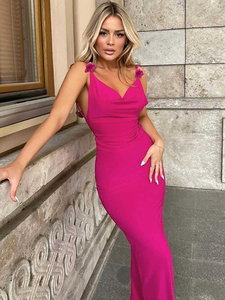 Basic Casual Dresses Dulzura Rose Red Flower Strap Maxi Dress For Women Bodycon Backless Sexy Long Dress Party Club Outfits Evening Birthday Summer H2