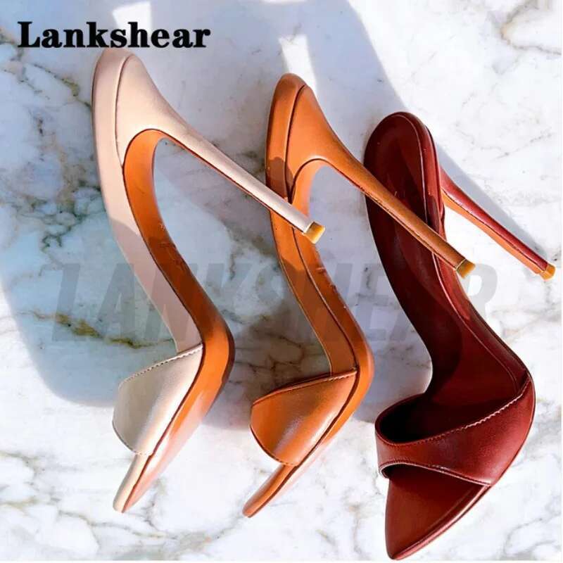 2023 Summer New Sexy Pointed Toe Mule High Heels Slipper Stripper Fashion Slip On Slides Women Party Sandal Shoes Solid Color