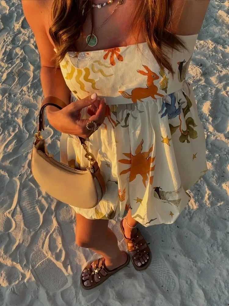 Basic Casual Dresses TRAF Print Slip Mini Dress Women Slveless Summer Dress Woman 2024 Ruched Sundress Vestidos Backless Short Dresses for Women H2521