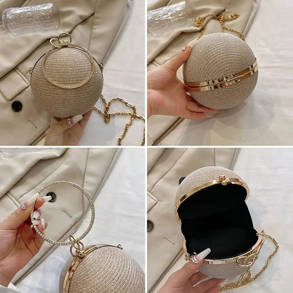 Gold Bright Silk Circular Evening Women Banquet Clutch Decor Chain Shoulder Bags Female Party Handbags y250213Z