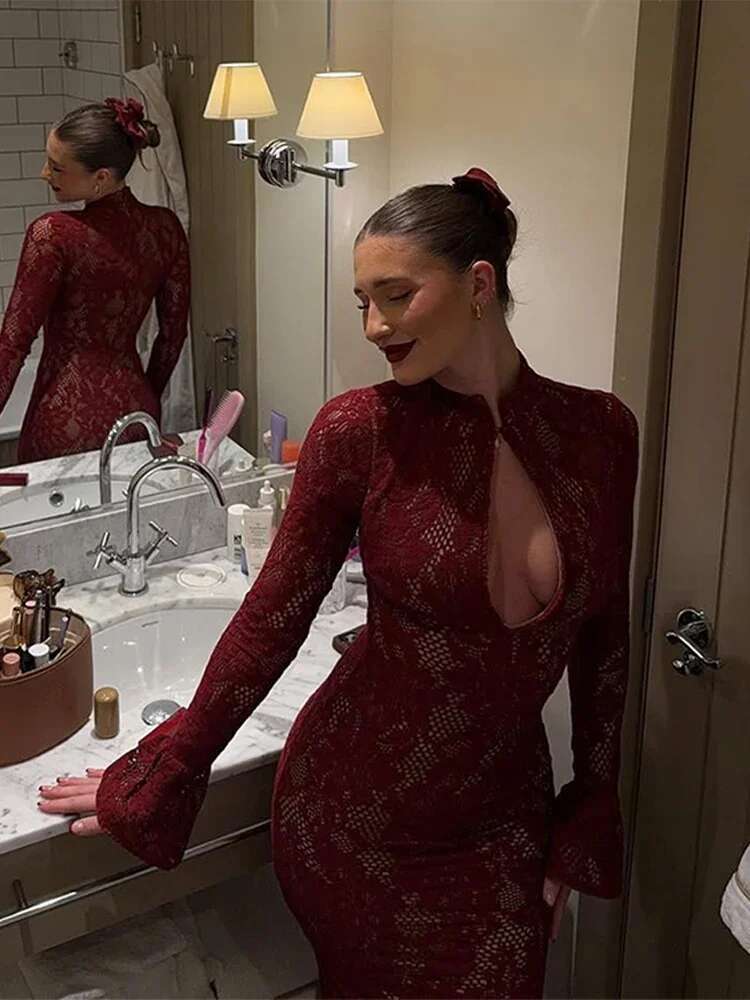 Lace Bodycon Midi Dress For Women Sexy Hip Package Hollow Out Evening Dresses Female Party Chic Lady Long Sleeve Vestidos
