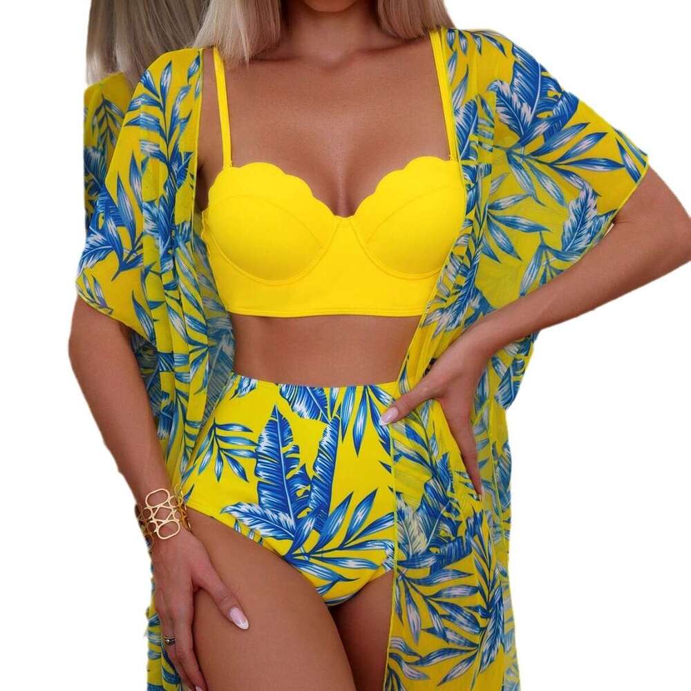 New Maple Leaf Printed High Waist Mesh Coat Triangle Slim Bikini Swimsuit for Women Maillot De Bain Sexy Gt Cut Bathing Suit New Product