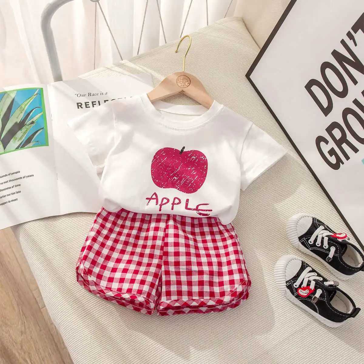Fruit T-shirt Plaid Shorts Girls 2pc/set Summer Childrens Clothes Cotton Kids Short Sleeved Suit Fashion Baby Clothing 1-6Y W250218