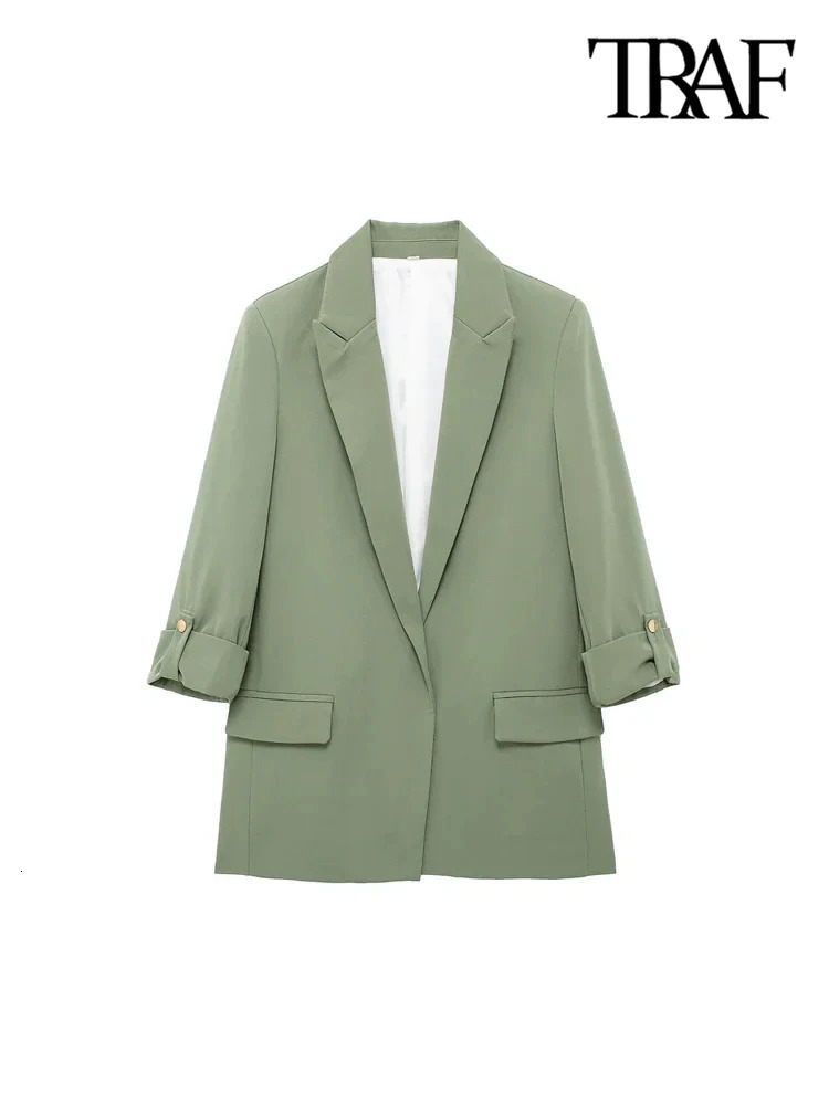 TRAFWomens Open Blazer Coat with Turnup Sleeves Front Flap Pockets Female Outerwear Chic Tops Fashion 250213
