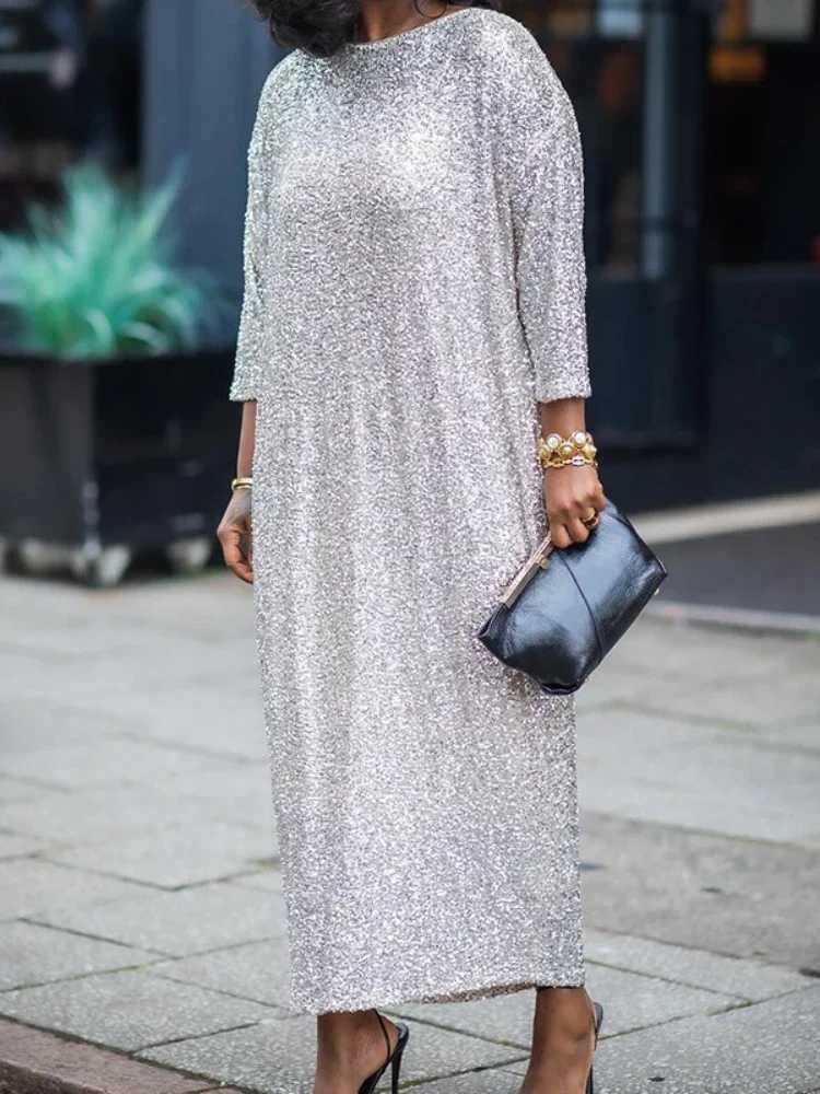 Basic Casual Dresses Women O-neck Thr Quarter Slve Straight Loose Birthday Silver Maxi Dress 2024 Evening Sexy Party Dresses Vestidos H25217