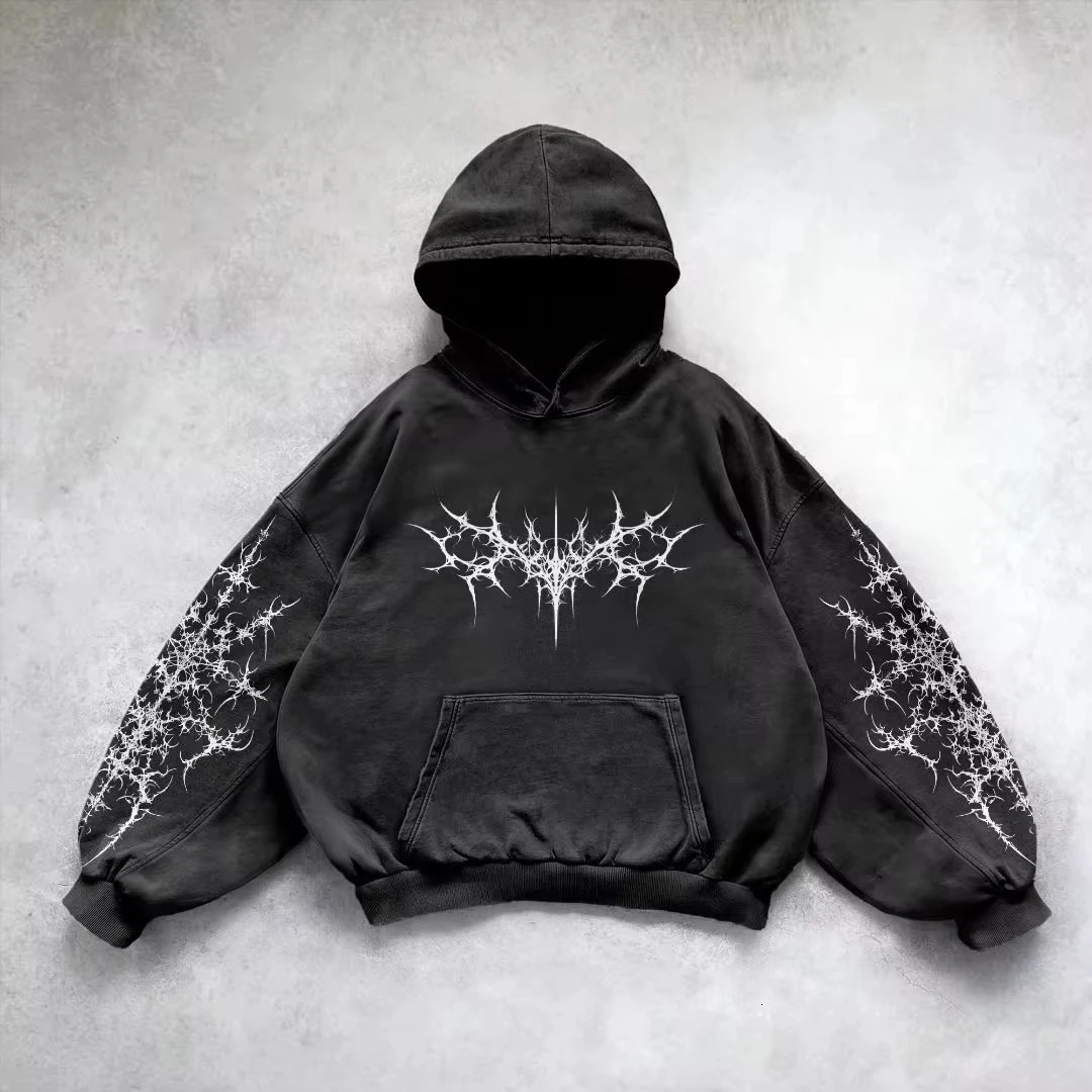 Retro Gothic Graphic Print Hip Hop Hoodie for Men Y2k Grunge Punk Casual Loose Pullover Women Streetwear Sweatshirt Hoodies 250217