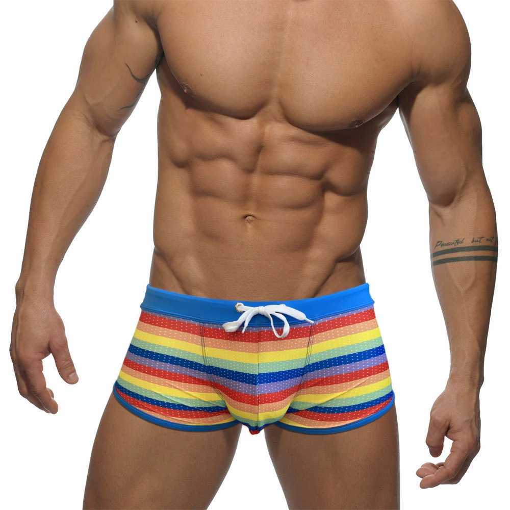 Sexy side split rainbow swimsuit mens quick drying terrace U-bag swimsuit summer fashionable mens beach surfing swimsuit M250218
