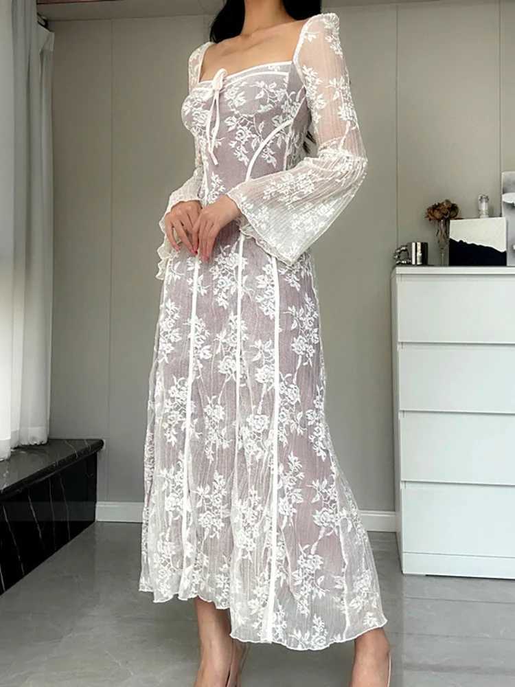 Basic Casual Dresses Fantoye Sexy Square Collar Lace Women Maxi Dress White Long Slve High Waist Dress Autumn Slim Elegant Party Clubwear Vestidos H25