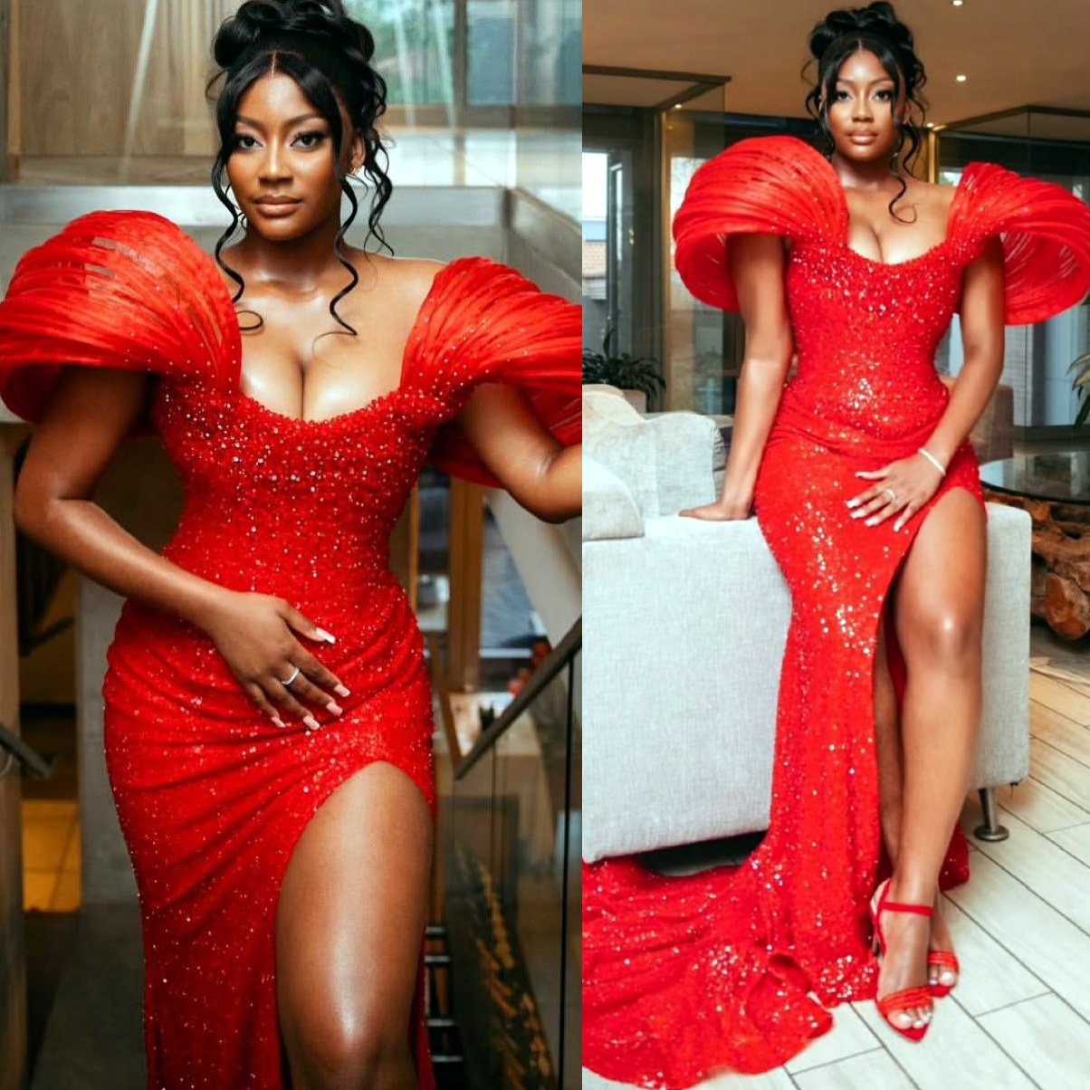 Aso Ebi 2025 Red Mermaid Prom Dresses Beaded Sequined Lace Stylish High Split Evening Formal Party Second Reception Birthday Gowns Dress For Special O