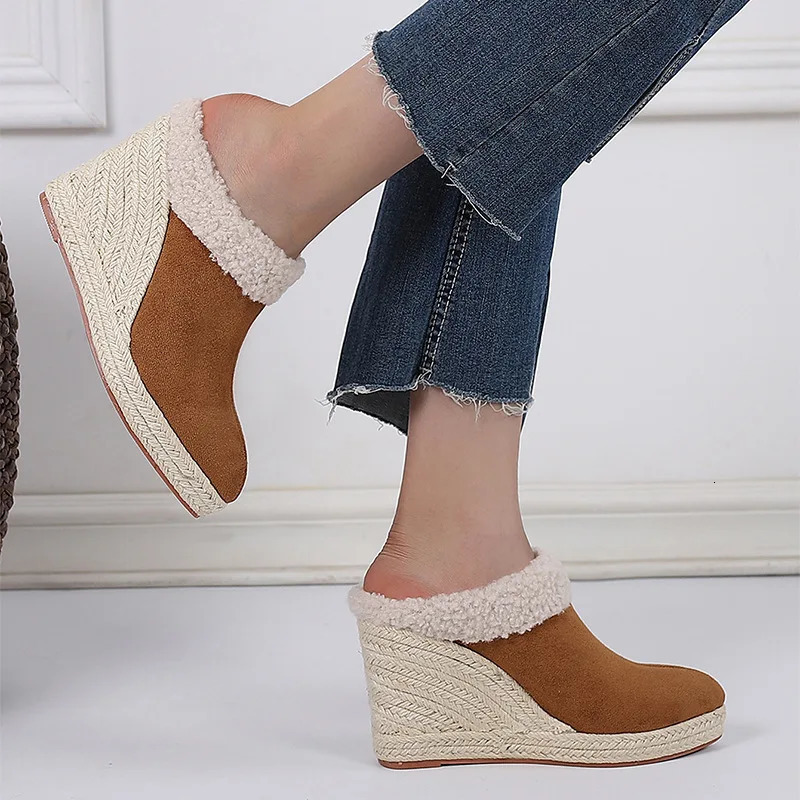 LIHUAMAO Plush lining Wedges heel slipper comfort women mules espadrilles shoes platform pumps comfort slip on loafers sandals 250213