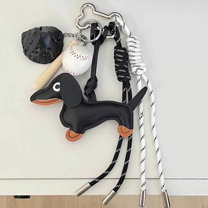 Keychains Lanyards Vintage Dachshund Dog Keychain with Nylon Braided Rope PU Materials Elkegant Charm for Bag and Keys Decoration Daily Use H250217