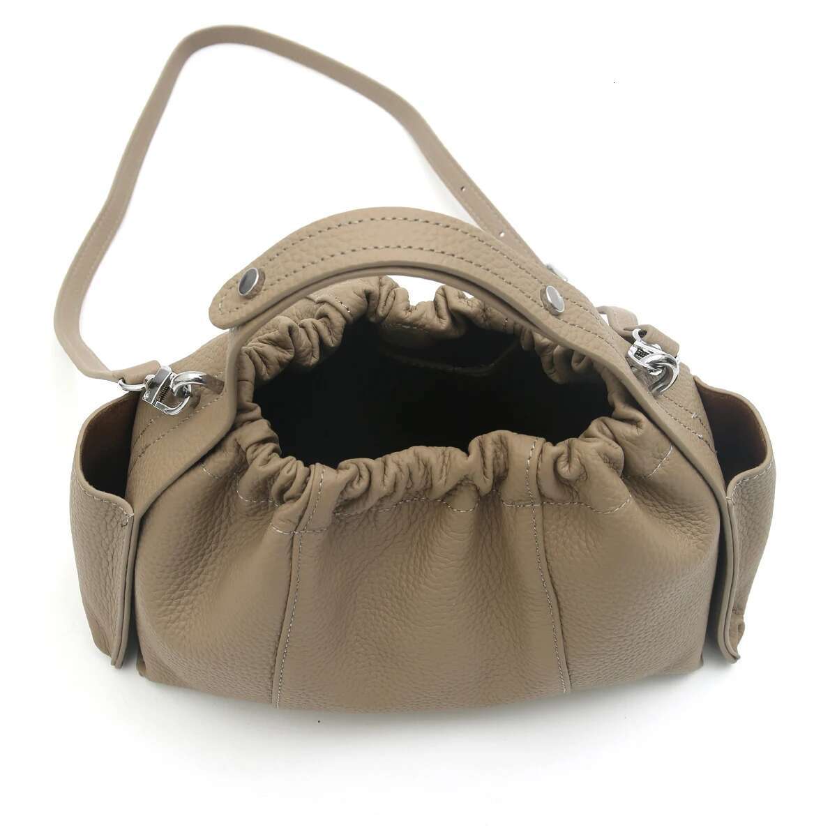 SC Fashionable Women Top-Handle Bag Genuine Leather Magnetic Elastic Closure Side Pockets Long Strap Shoulder Cross Body Handbag