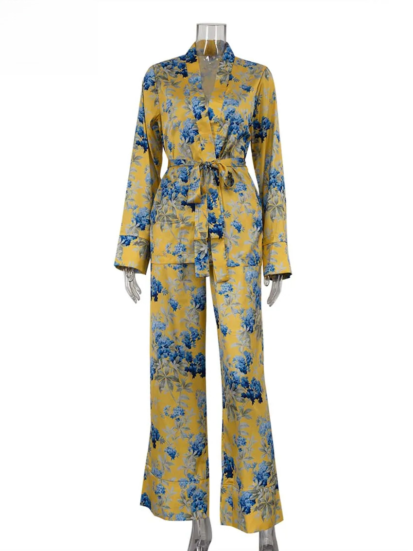 Oymimi Fashion Yellow Print Womens 2 Piece Outfit Set Casual Satin Long Sleeve Lace-Up Shirts And Drawstring Straight Pants Sets