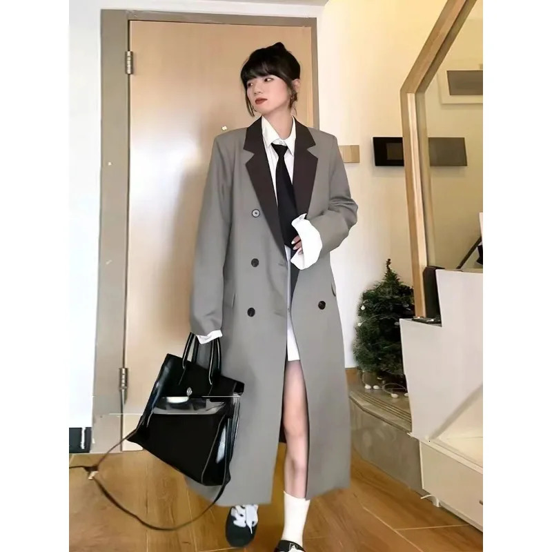 Long Blazer Y2k Windbreaker Harajuku Vintage Coat Sleeve Spring Autumn Women Jacket Chic Korean Loose Doublebreasted 250213