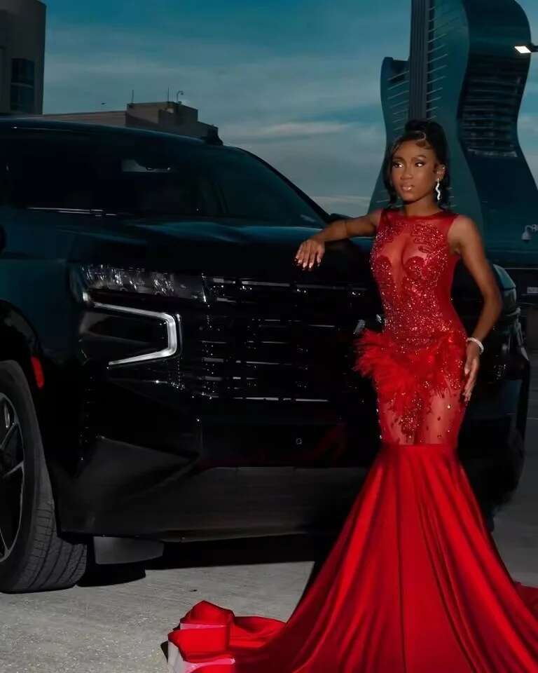 Satin Red Mermaid Prom Dresses Black Girls Crystal Feathers Party Gowns African Evening Dress Customized