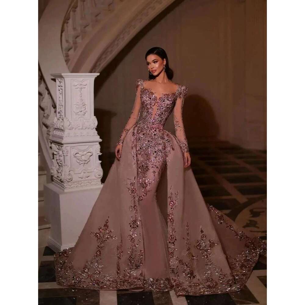Train Detachable Tail Rhies Prom Shiny Sequins Beads Evening Dress Customized Robe De Mari E