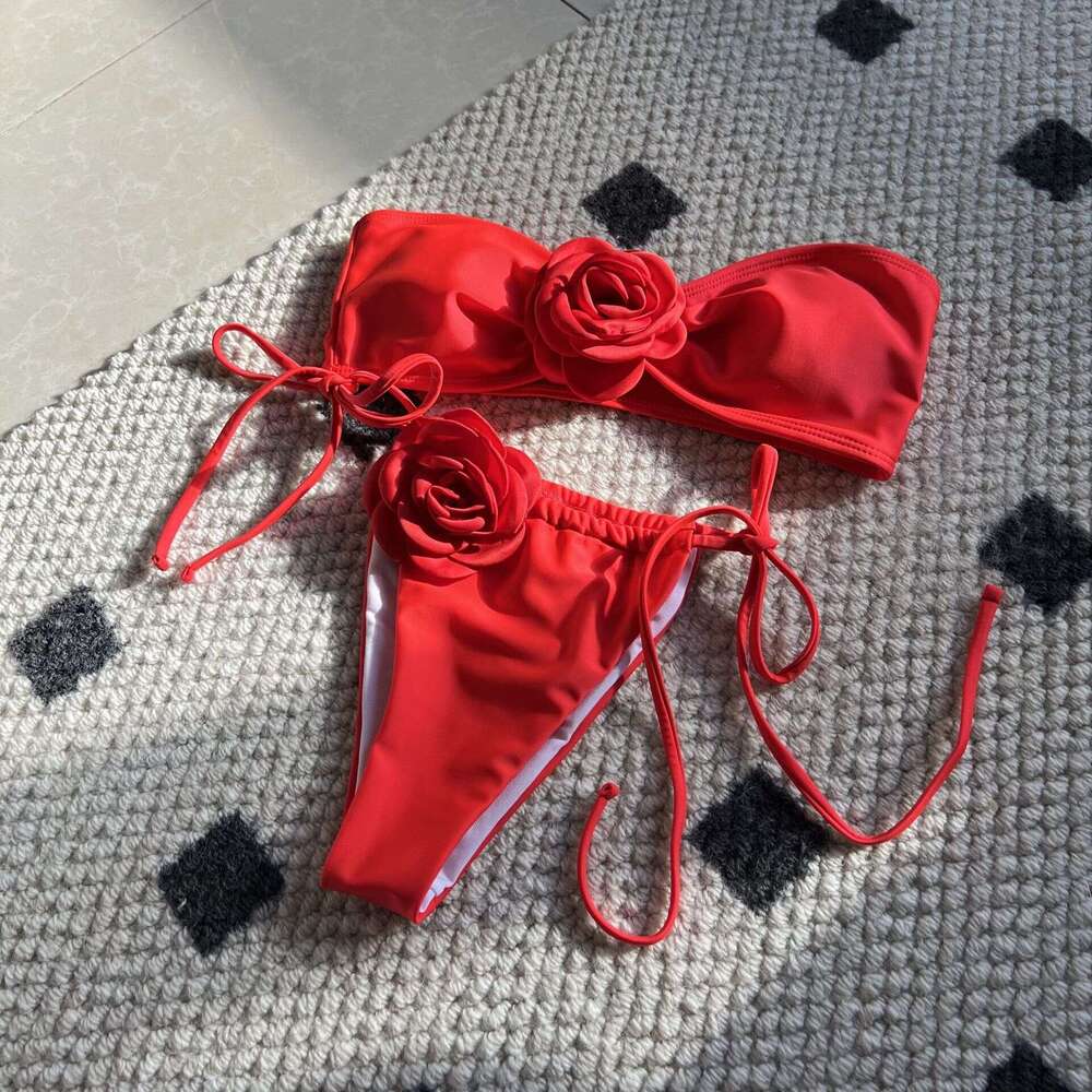 2025 New Solid Rose Bra with Drawstring Strap Split Swimsuit Bikini 9150 Womens Swimwear Triangle Bikini Thong Swimwear Holiday New Arrival New Produc
