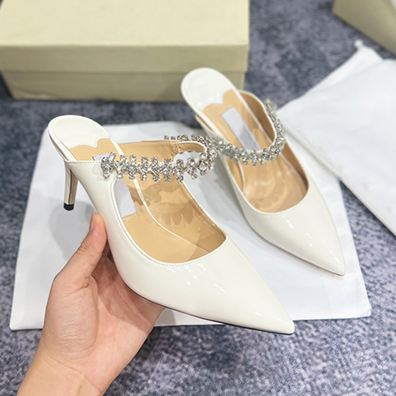 Fashion Leather Flat Mules Designer Crystal High Heels Chains Slippers Sexy Slingbacks Shoes Pointed Toe Dress Sandal 735