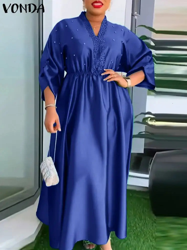 Plus size VONDA elegant womens dress 2024 retro onethird sleeve solid color Sundress sexy Vneck loose robe vest 250214