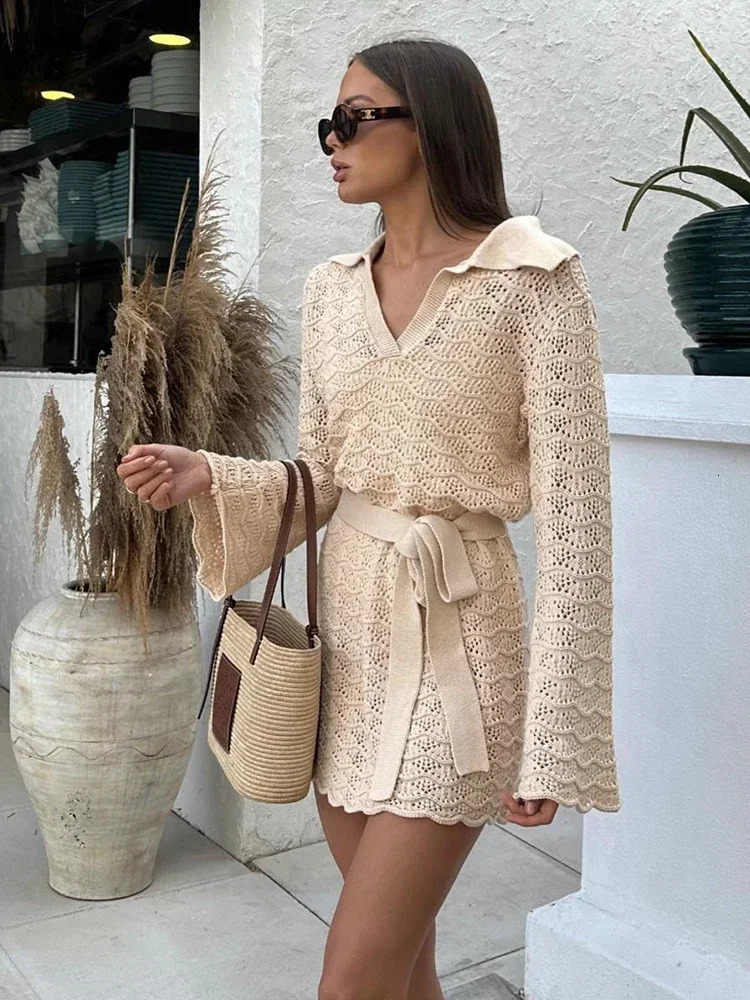 Sexy Vneck Bell sleeve Hollow Knitted Beach Mini Dress 2024 Summer Swimsuit Cover Womens Casual Set K16 250212