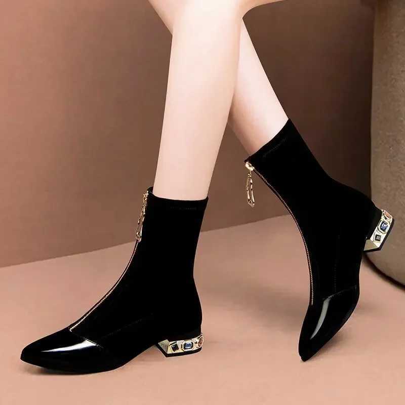 Women Shiny Sequin Ankle Boots Winter Fi Pointed Frt Zipper Rhine Square Heels Short Boots Motorcycle ShoesXJ250217