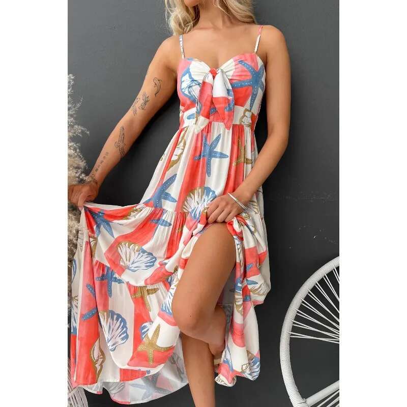 2025 Spring Summer New Women's Sexy High Waist Printed Lace Up Dress, Casual Split A-E Skirt, European And American