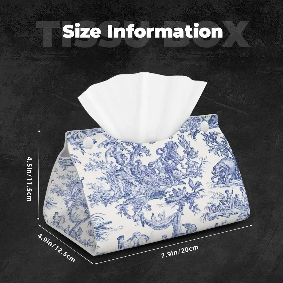 Cust Navy Blue Toile De Jouy Tissue Box Cover Rectangar PU Leather French Countryside Floral Facial Tissues Holder for Car Y250218