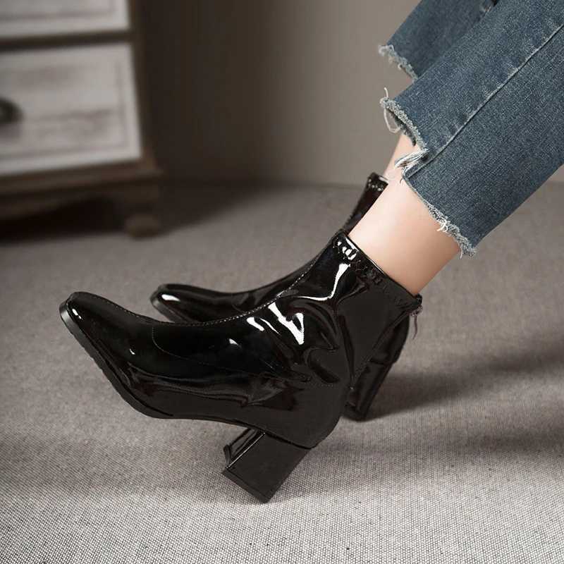 Brand Women Shoes 2023 New Black Patent Leather Fi Square Toe Womens Boots Thick Heel Ladies High Heel Ankle BootsXJ250217