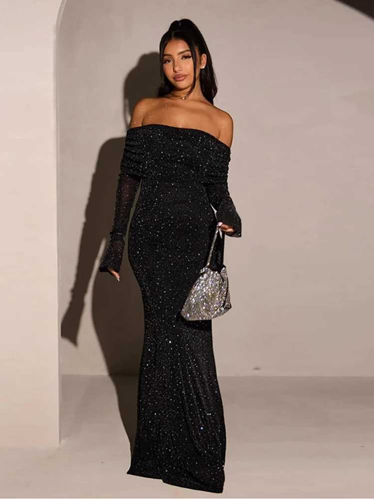 Basic Casual Dresses Fantoye Sexy Off Shoulder Sequins Sparkling Women Maxi Dress Black Long Slve Evening Dress Winter Slim Elegant Party Clubwear H25