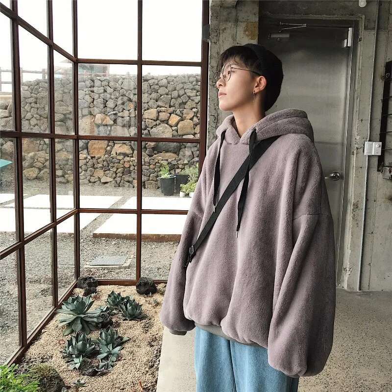 Plus Veet Hoodies Women Hooded Thicker Furry Cozy Korean Fashion Couples Simple Winter Warm Coats Loose Outwear Slouchy Ins