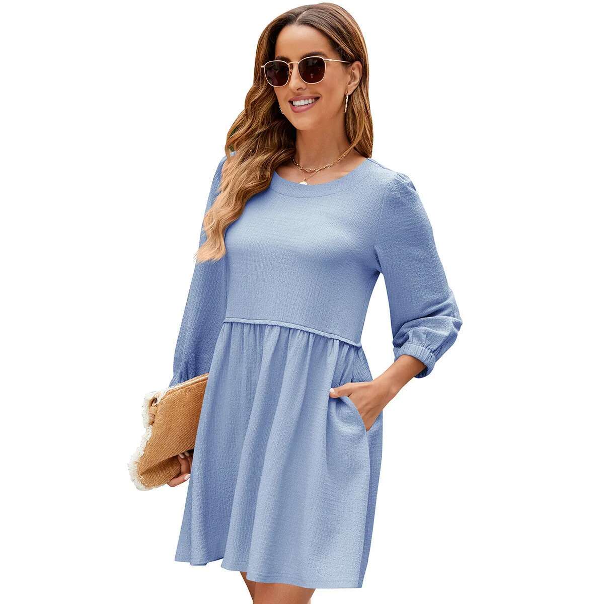 YJKDYK Spring Autumn Women's Long O-Neck Casual Loose Female Bubble Sleeve Waistband Pure Color Dress