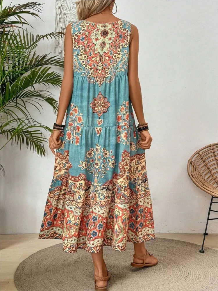 Womens Bohemian Holiday Dress Fashion Printed O-neck Sleeveless Dress Womens Casual Retro Beach Loose Dress Womens Summer Style 250213