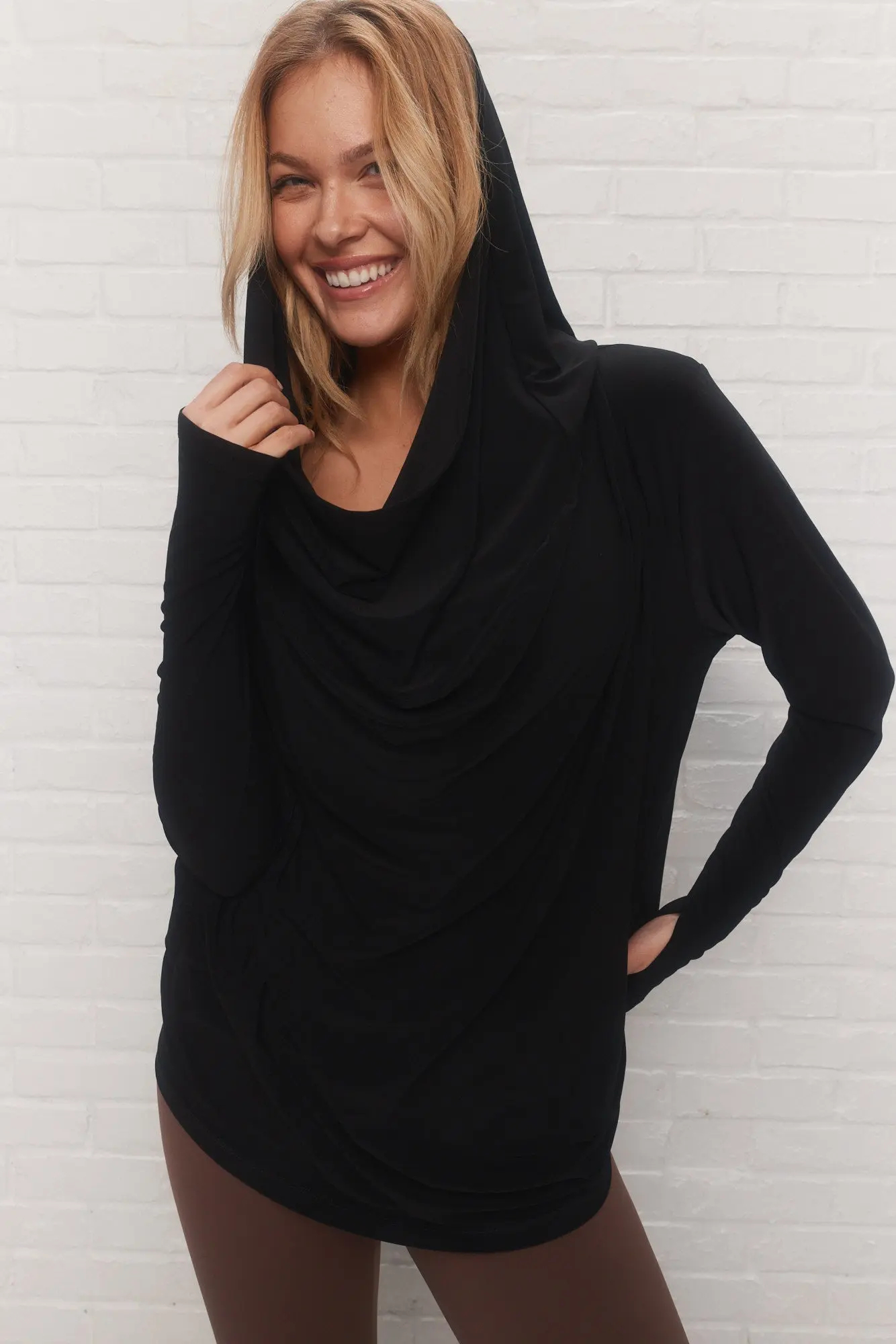 Stylish Black Loose Hooded Draped Neckline Sweater Long Sleeves Top for Women