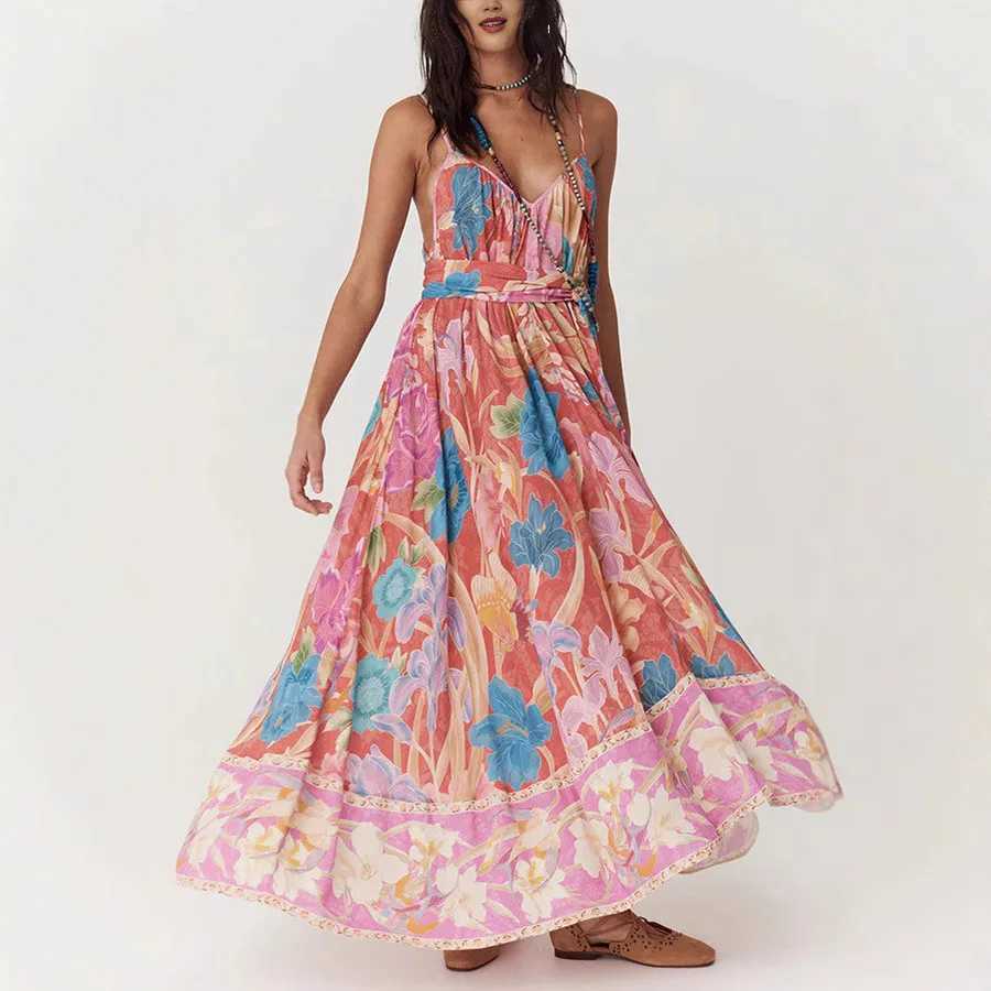 Basic Casual Dresses Ladies Slveless Backless Summer Casual Womens Dresses Flower Printed V Neck Slip Long Dress 2025 Holiday Beach Loose Vestidos H25