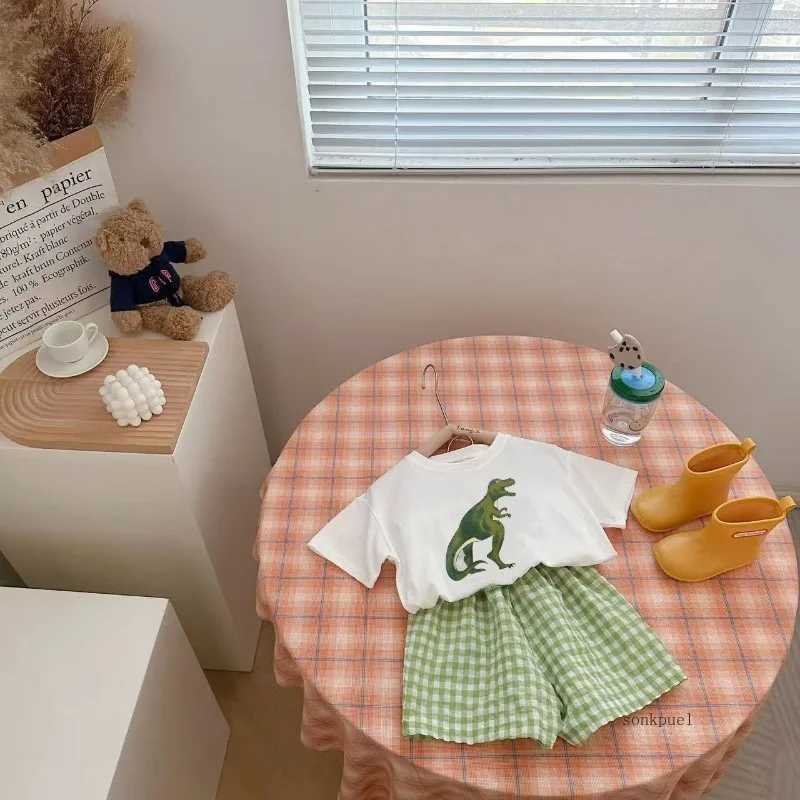 Baby clothing set for newborn boys casual dinosaur print short sleeved T-shirt+checkered shorts preschool girls summer childrens clothing set W250218