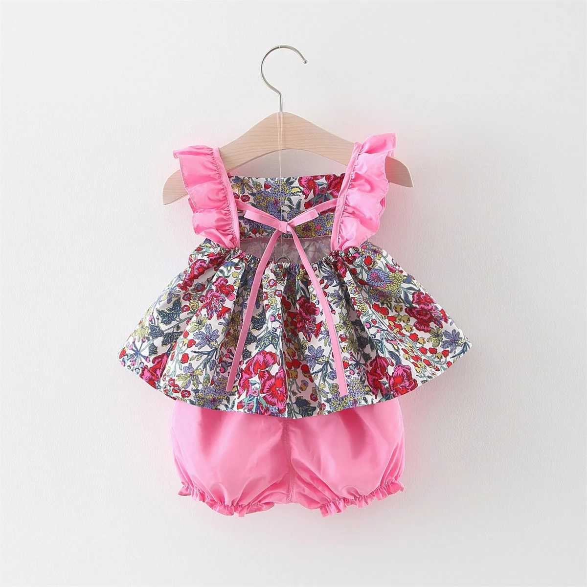 Girls summer new sleeveless shoulder strap floral top+PP pants two-piece set suitable for infants aged 0-3 W250218