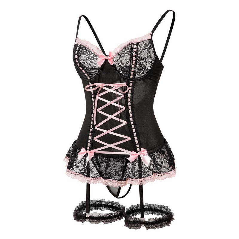 Elegant Women's Lolita Style Lacy Ruffled Lace-Up Bodice & Thong Garter Set with Bowknot Detail and Leg Bands