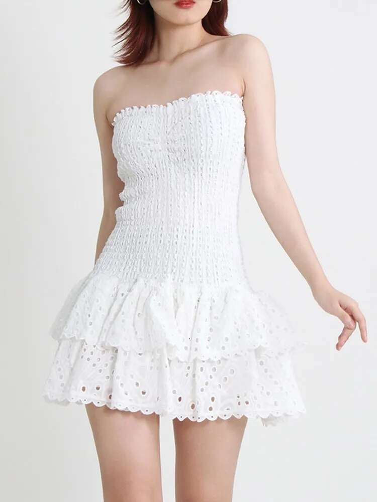 KBQ Embroidery Off Shoulder Sexy Dresses For Women Strapless Sleeveless High Waist Ruched Hollow Out Dress Female Fashion New