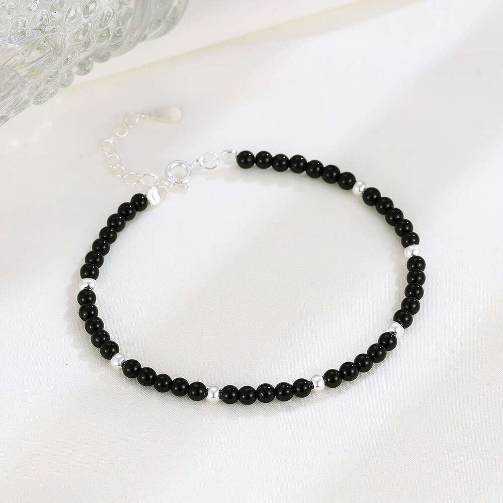 S pure sier versatile round black agate bracelet, niche simple accessory, light fashion, layered bead bracelet for women