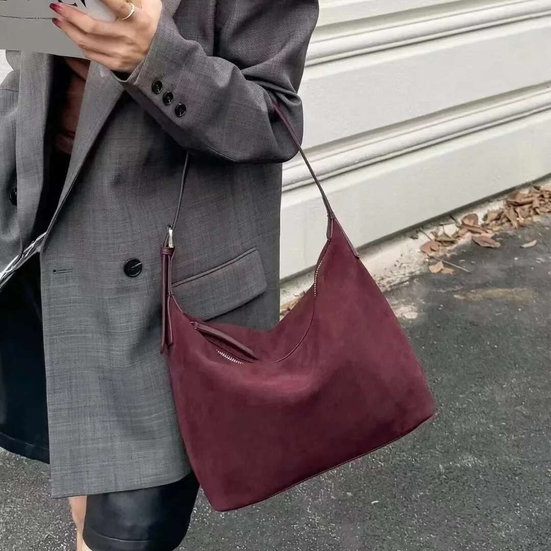 Fashionable Frosted Cow Long Handle Tote Winter Matte Suede Leather Women's Single-Shoulder Bag Grey Commute Handbag