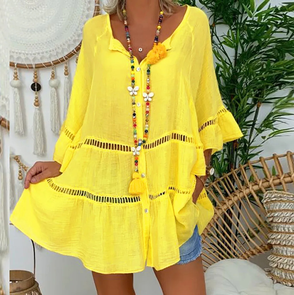 Sexy Yellow Loose Hollow Out Dress Summer V Neck Long Sleeve Cotton Linen Baggy Party Dresses Oversized S-5XL ARJ-138Y 250213