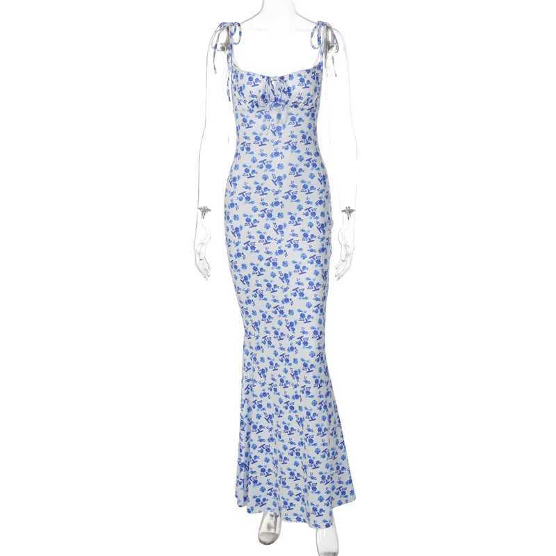 Basic Casual Dresses Women Spring Summer Style Elegant Floral Printed Beach Vacation Bodycon Strtwear Long Dress Spaghetti Strap Sheath Dress H25217