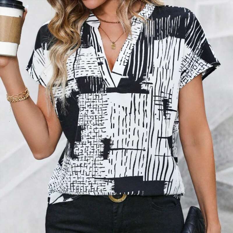 Women's Summer V-Neck Black And White Check Small Fresh Short Sleeve Chiffon Shirt Top Breathable Fiber Casual New Style