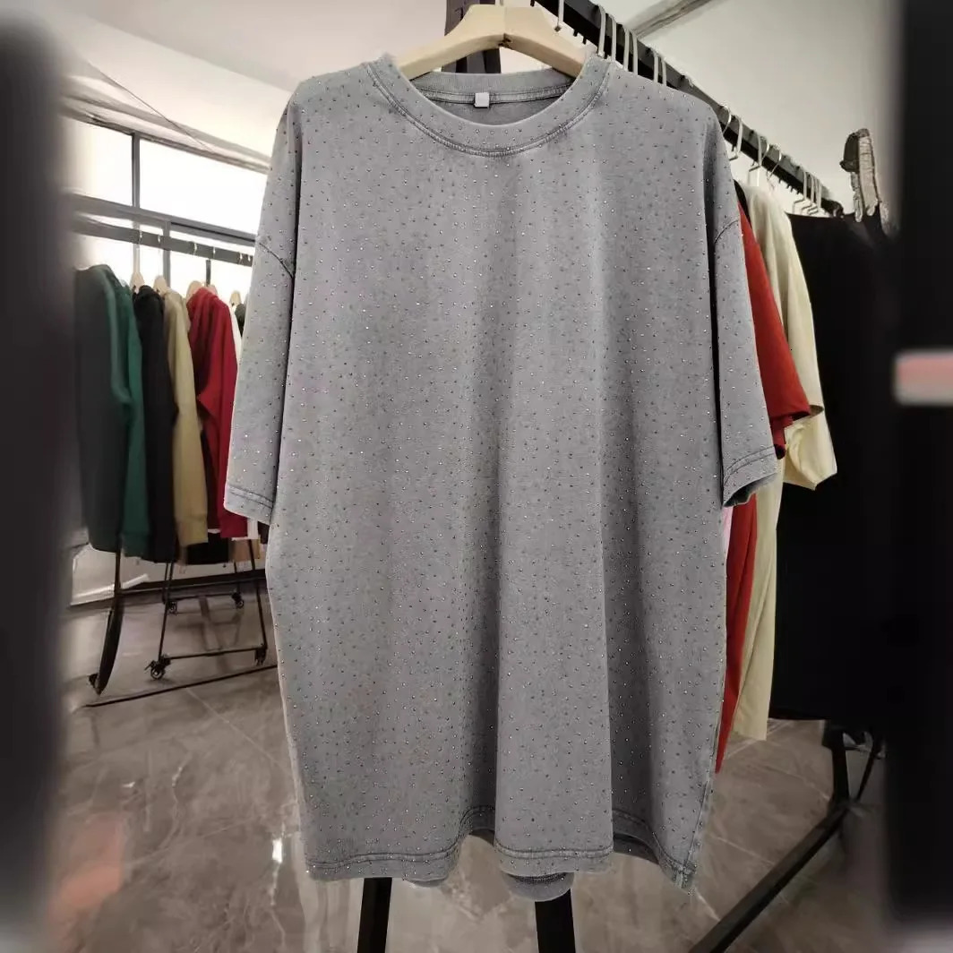 American Retro Pure Cotton Vintage T-shirt with Diamond Earth Color Street Style Diamond Flash Retro T-shirt for Men and Women 250217