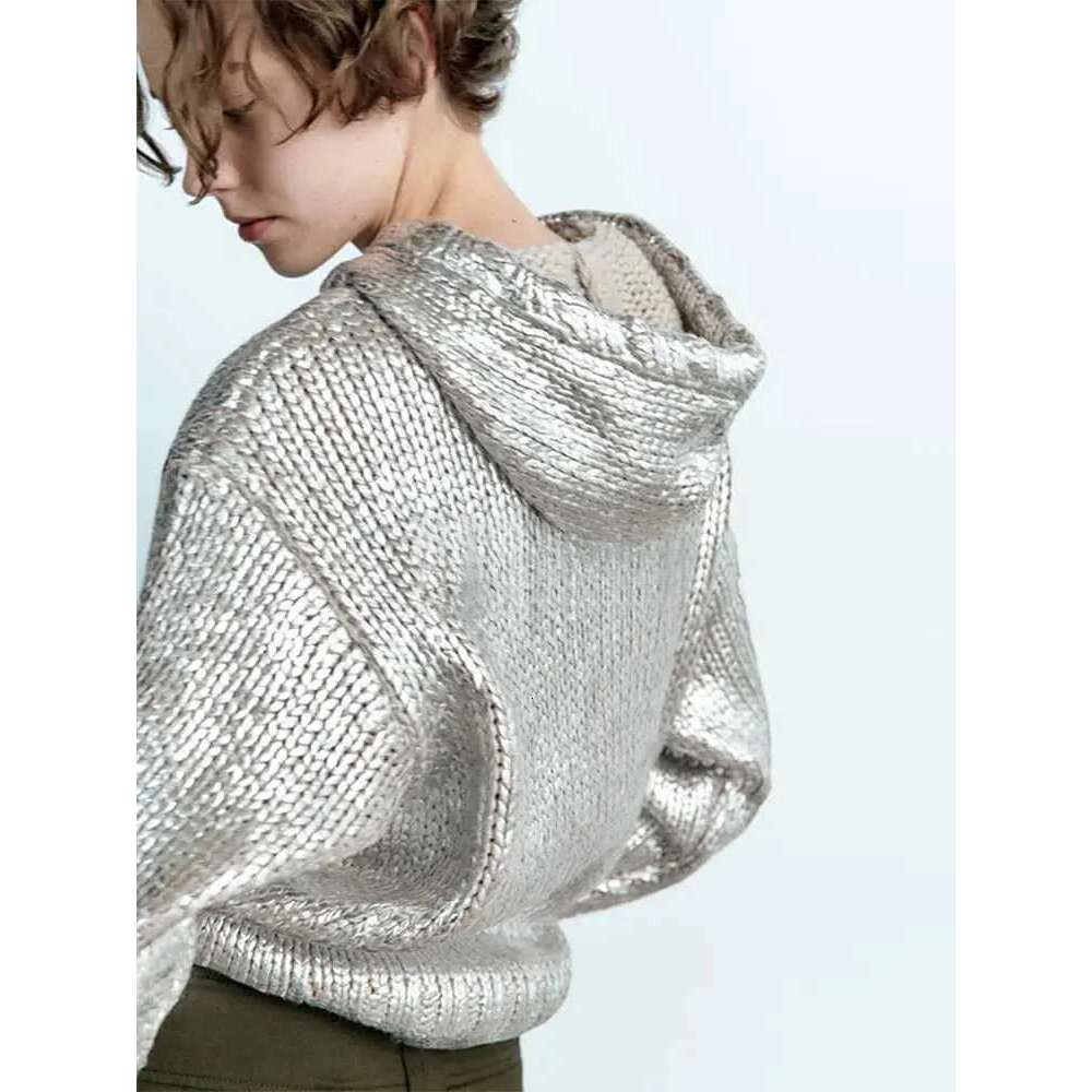 Elegant Silk Sweater For Women: Metallic Color O-Neck Knotted Knitwear