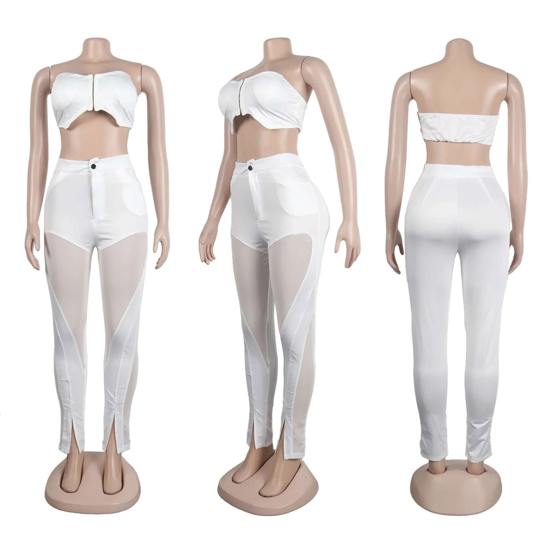 Prowow Sexy Two Piece Women Clothing Set Cropped Tops Mesh Spliced Pant Slim Fit Party Nightclub Wear Suits New Design Outfits