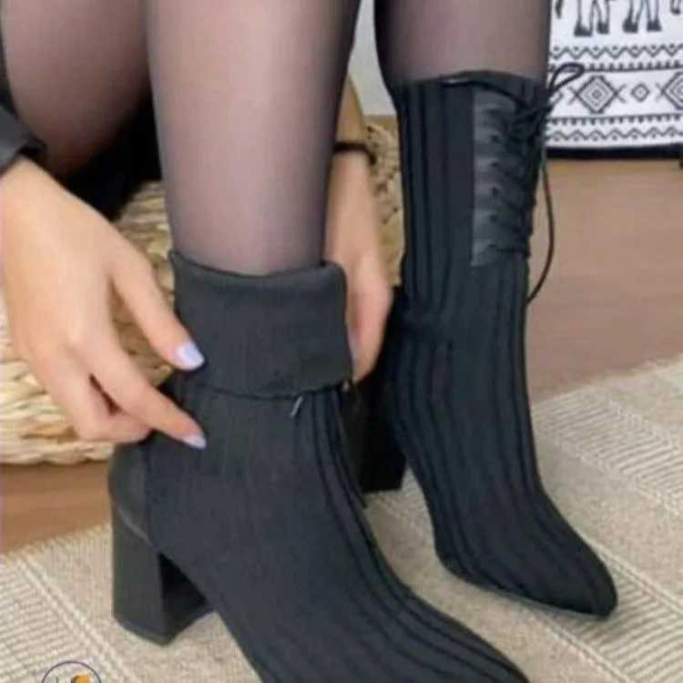 Pointed Chunky Heel Boots Black Surname High Lace-up Knit Sock Boots Plus Size 43 N-slip Banquet Boots Thigh High BlackXJ250217