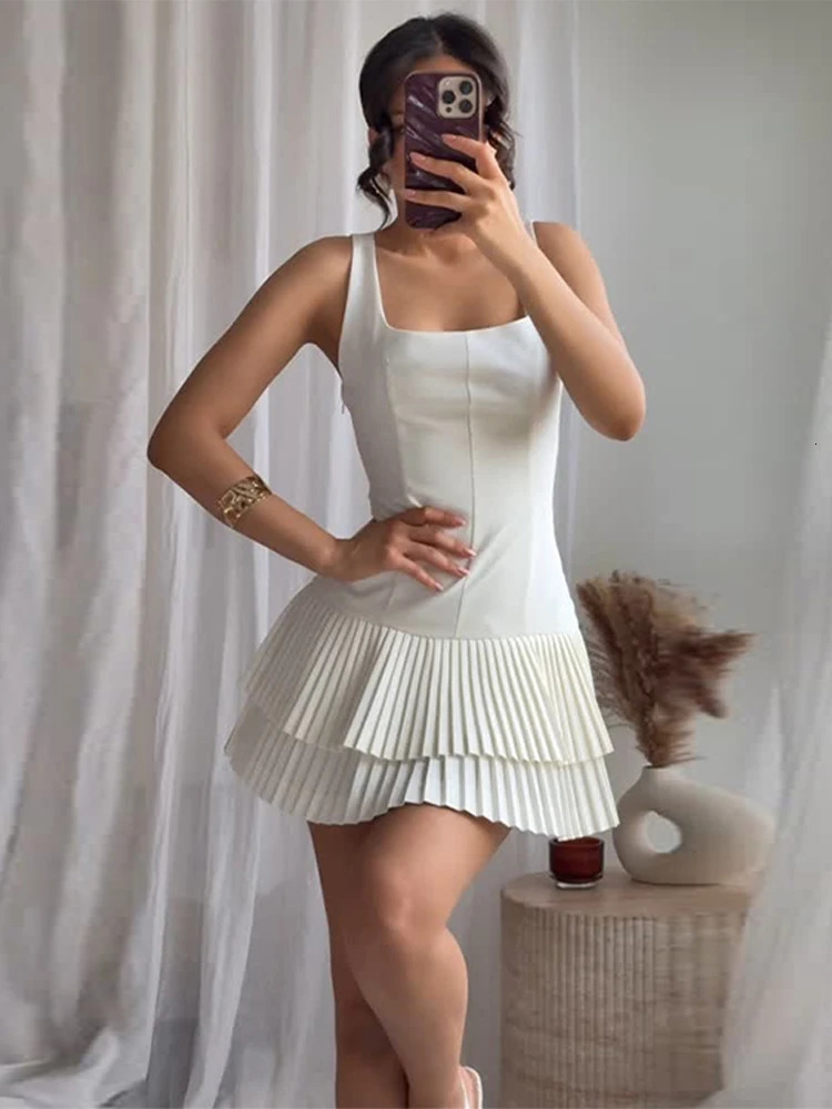 2025 Women Layered Ruffle Hem Tank Dress Square Neck Sleeveless Pleated Short Dresses Spring Summer Street Lady Vestidos 250217