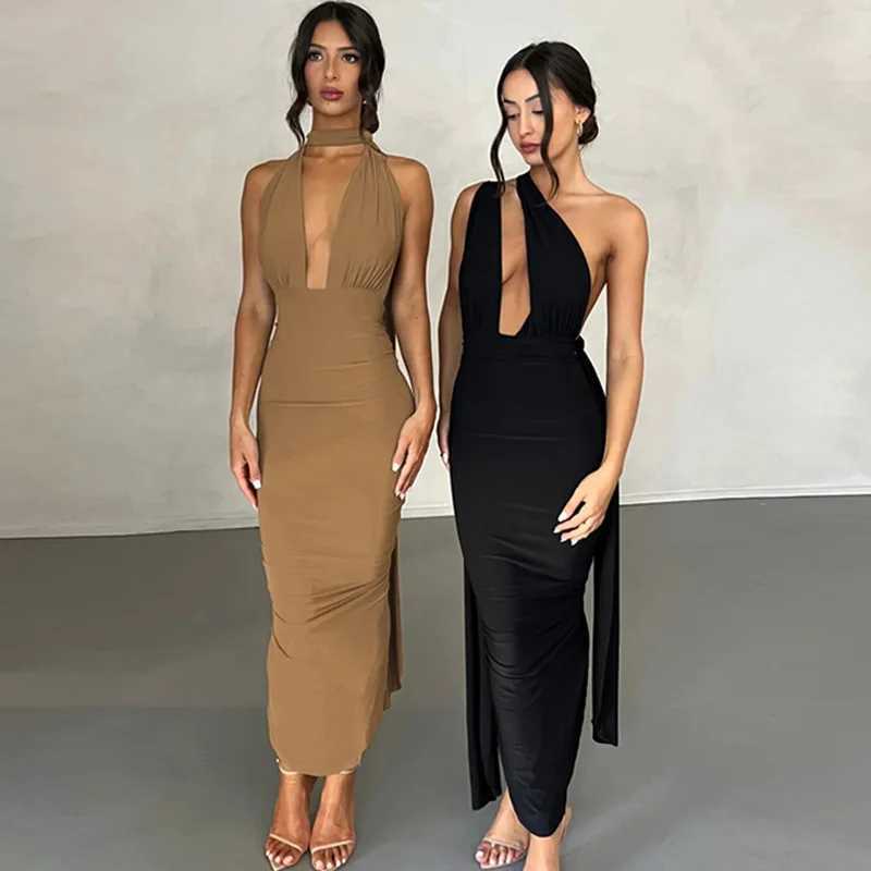 Basic Casual Dresses Lygens Backless Dp V Ruched Slit Slveless Midi Elegant WomenS Dresses 2024 Summer Evening Party Club Prom Casual Clothes H25217