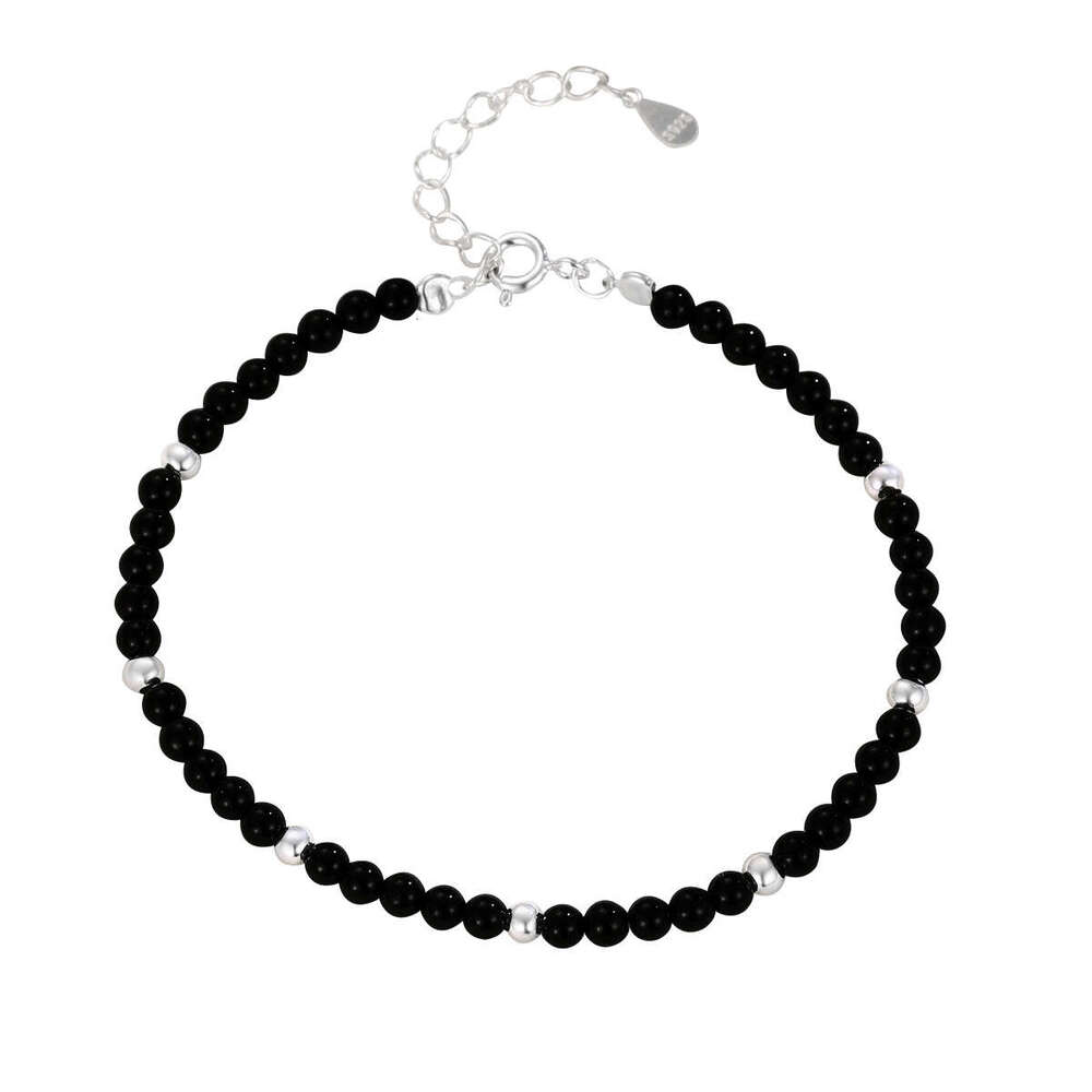 S pure sier versatile round black agate bracelet, niche simple accessory, light fashion, layered bead bracelet for women